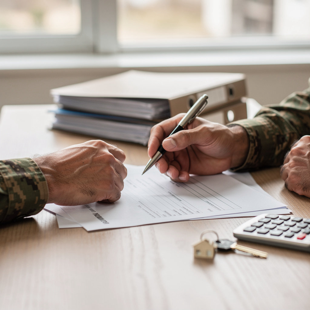 Veterans United Home Loans of San Diego expert reviewing VA loan documents with a veteran client at their local office